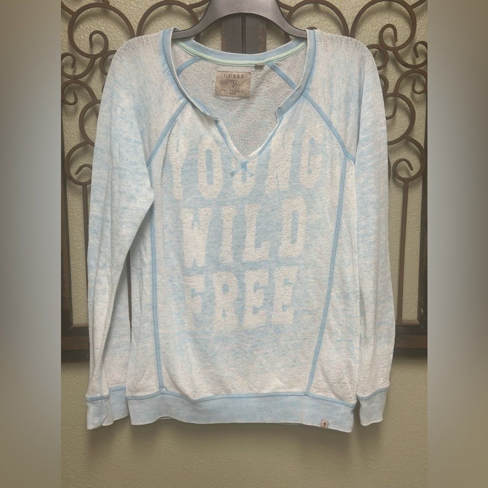 Guess blue washed out vneck sweatshirt